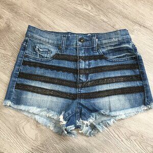 NWOT SPECIAL A Medium/Dark Wash Black Lace Insert Fray Hem Denim Shorts